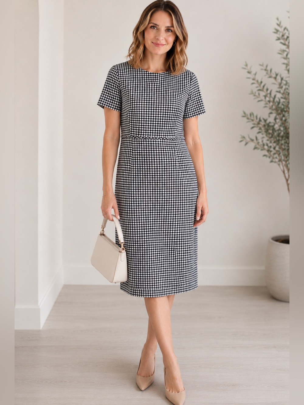 J.Crew Navy & White Gingham Midi Sheath Dress Size 12 NWOT Classic